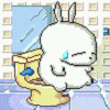 Animated cartoon character with white fur and blue tear on cheek stands next to yellow toilet in pixelated room.
