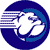 A circular icon with a dark blue outer ring and light blue inner arc, featuring a white silhouette of a dog-like animal with a blue collar, positioned next to a stack of horizontal white and light blue stripes.