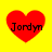 Four red heart shapes on a yellow background, each containing the text "Jordyn" in black pixelated font.