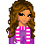 Pixel art contact sheet showing a cartoon girl's outfit and text variations for an animated buddy icon.