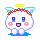 Four pixel-art angel icons with blue wings, yellow halos, and pink-and-green floral crowns display varying facial expressions and poses on a gray background.