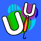Six identical cartoon-style icons arranged in two on a blue background, each featuring a white U-shaped hand holding a striped umbrella with red, yellow, and green sections