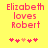 Yellow background with pink text reading "Elizabeth loves Robert" and five heart symbols below, where the third heart changes color from light to dark between frames.