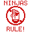 Red and white pixelated icon with 'NINJAS RULE!' text, featuring a stylized face in a circular frame on varying background colors.