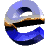 A 3D-rendered blue and white 'e' symbol rotates through multiple angles against a gray background, displaying varying perspectives of its curved form.