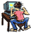 Pixelated character in pink shirt and blue pants sits at desk with CRT monitor, hands raised near face in four