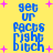Yellow background with blue pixelated text reading 'get ur pacs right bitch' and pink plus signs scattered throughout.