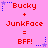 Pixelated pink background with red text and blue/purple star icons showing 'Bucky + JunkFace = BFF!' in two , stars change color between observations
