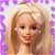Pixelated image of a person with long light brown hair, purple eyes, and red lips, set against a purple and white patterned background.
