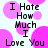 Pixelated text "I Hate How Much I Love You" repeated in a pattern over pink circular shapes on white background
