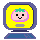 Pixelated character with pink face, green hair, and black eyes on yellow background inside blue-bordered frame.