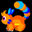 Animated orange and blue cartoon creature with multiple tails, pink eyes, and small horns in various poses against black background.
