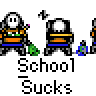 Animated contact sheet of 12 pixel art frames showing a school-themed cartoon character with white skull-like face, orange and blue striped shirt, green broom, and black pants performing various actions including sweeping, standing at chalkboard, and speaking in speech bubbles.