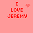 Red pixelated text "I LOVE JEREMY" on pink background with animated heart and starburst effects.