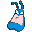 Pixelated cartoon character with blue body and pink torso, alternating between question mark symbols and smiling expression on gray background.