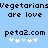 Pixelated text on light blue background with two identical side-by-side sections showing 'Vegetarians are love' and 'peta2.com' with white and light blue plus signs below.