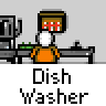 Animated contact sheet of a pixel art dish washer character performing repetitive kitchen actions across 21 frames with consistent text label below each frame.