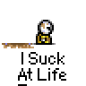 Animated contact sheet of a pixel art character performing various actions with repeated text "I Suck At Life" below each frame on gray background.