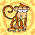 Animated monkey icon with brown fur, white chest, and curled tail in six poses against yellow-orange circular background.