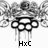 Pixelated grayscale icon with abstract shapes and text 'HxC' at the bottom, featuring a central structure with circular and rectangular elements and vertical lines extending downward.
