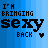 A 6-frame animated contact sheet showing pixelated text "I'M BRINGING SEXY BACK" with a heart symbol, where the 'S' or 'X' in "SEXY" alternates between black and white across frames on a blue striped background.