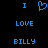 Blue pixelated text and heart symbol on black background, arranged in three with 'I' above a heart, 'LOVE' below it, and 'BILLY' at the bottom