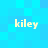 Four identical pixelated text instances of 'kiley' in light yellow on a blue background, arranged in two and two