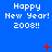 Blue background with white pixelated text reading 'Happy New Year! 2008!!' repeated across the image, red plus and X symbols scattered throughout.