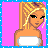 Pixel art contact sheet showing three frames of an animated icon featuring a blonde cartoon woman with text below each frame on pink backgrounds.