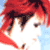 Pixelated anime-style character with red hair and light skin, shown in two side-by-side frames with subtle facial expression changes against a light blue background.
