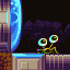 Pixel art of a green creature with two large eyes on stalks, standing on a platform under a blue structure against dark background.
