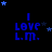 Blue text "I LOVE L.M." on black background with blue and gray stars moving in circular patterns.