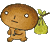 Brown cartoon character with white eyes and simple facial features holding a yellow sack, shown in multiple poses against gray background.