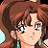 Pixelated anime-style character with brown hair in a high ponytail, light blue eyes, and turquoise earrings against a black background with white text.