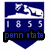 Blue shield-shaped icon with white horse and rider silhouette above '1855' text, black banner with blue 'penn state' text at bottom.