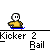 Pixelated character in yellow shirt and blue pants performs actions on gray background with black platforms, text "Kicker 2 Ball" below each frame.
