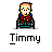A 4x4 contact sheet of pixel art frames showing a cartoon character named Jimmy with consistent pose and expression across most frames, except one frame where the character holds a speech bubble reading TIMMEH!