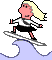 Pixelated cartoon character with blonde hair, pink face, white shirt, black skirt surfing on light blue wave against gray background.