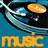 Pixelated icon shows a blue and black curved shape with white highlights, an orange circular element, and yellow text reading 'MUSIC' on a solid blue background.