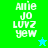 Pixelated text 'Allie Jo LUVZ yew' on green and cyan backgrounds with a blue star in the top-right and a green star in the bottom-right.