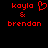 Red pixelated text and symbols on black background: 'kayla' with heart symbol, '&', 'brendan' in two side-by-side