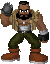 A 4x3 contact sheet of pixel art frames showing a muscular cartoon character with a beard, wearing green pants and brown boots, holding various weapons in different poses across sampled animation frames.
