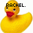 Yellow rubber duck with red beak and black eyes, displaying text labels and a gray rectangle in a