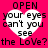 A static image with four identical heart-shaped text on a bright pink background, each displaying the phrase "OPEN your eyes can't you see the LoVe?" in pixelated black font