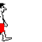Pixelated cartoon character in red shorts performs sequential actions on a watermelon slice base: walking, bending, holding a yellow object, and spraying liquid.