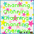 Green pixelated text 'channing' repeated five times vertically on a white background with scattered pink, yellow, and blue star shapes.