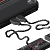Pixel art depiction of a black gaming console with red accents connected by a coiled cable to two controllers on a light gray background.