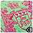 Animated icon with pink and green patterned background, featuring a stylized character's face in motion.