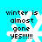 Pixelated text reads 'winter is almost gone YES!!!!!!' over a white snowflake on cyan background, with visible animation changes in the snowflake's shape across frames.