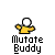 Pixelated yellow figure with white head holds two white spheres, text 'Mutate Buddy' below on gray background.
